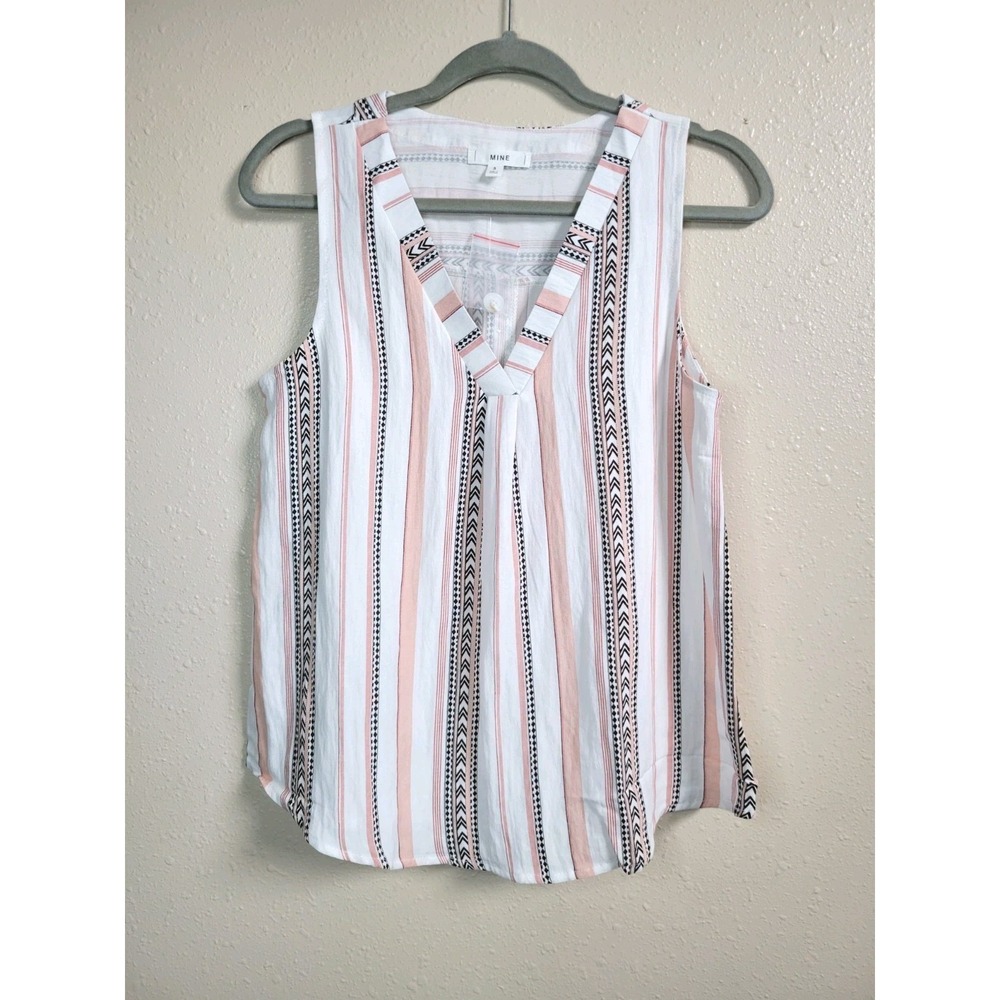 Mine for Anthropologie Pink Striped‎ V Neck Back Button Tank Blouse Top Size S